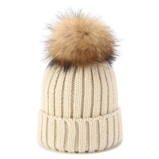 Outdoor Warm Wool Ball Knitted HAT-Beige