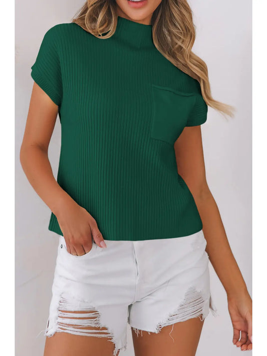 Patch Pocket Ribbed Knit Sweater - Green