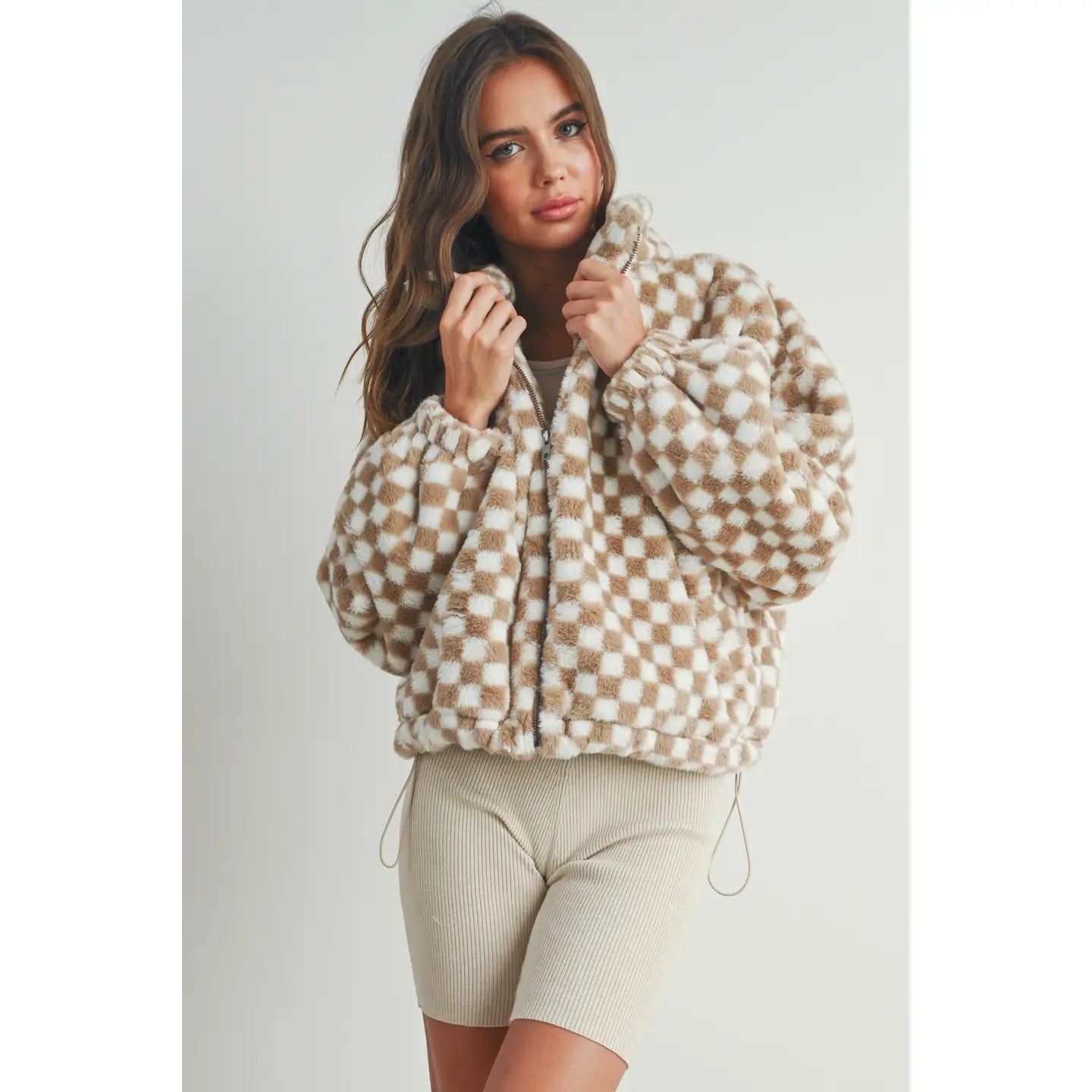 Fall Winter Checker Teddy Fall Jacket-Cream Khaki