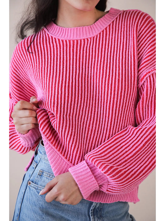 Two Tone Striped Sweater - Pink