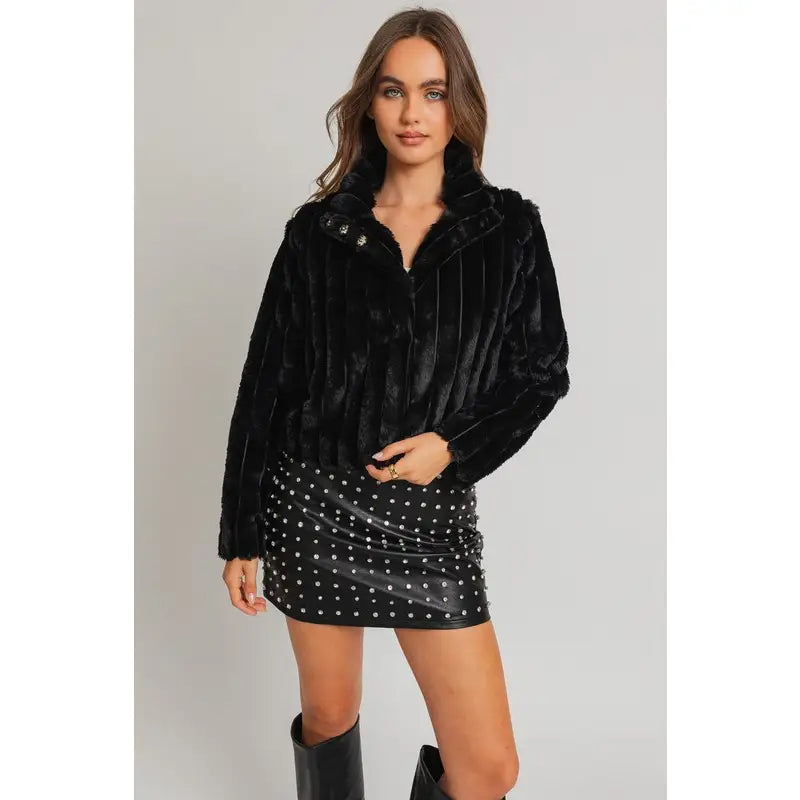 Faux Crop Fur Jacket-Black