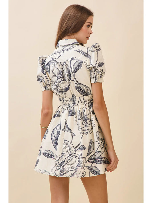 Floral Print Collared Neckline Dress With Pockets
