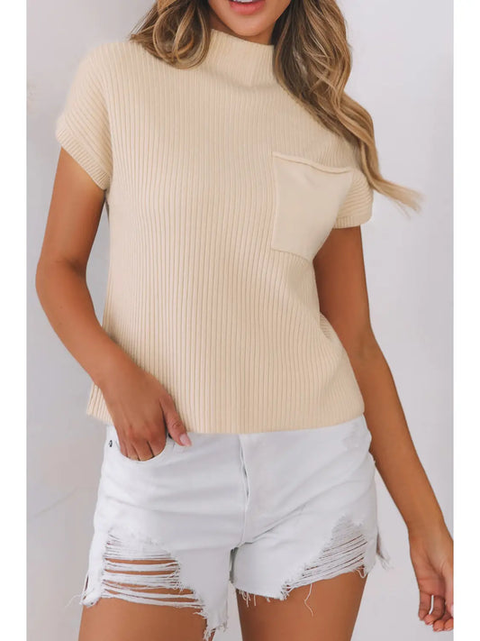 Patch Pocket Ribbed Knit Sweater - Oatmeal