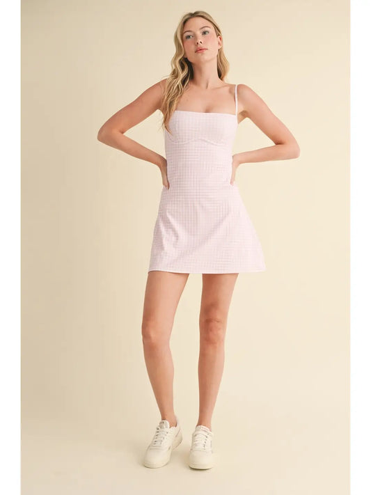 Gingham Print Sweetheart Dress- Pink