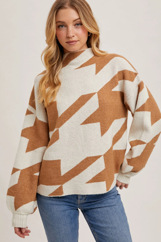 Houndstooth Mock Neck Loose Fit Knit Sweater