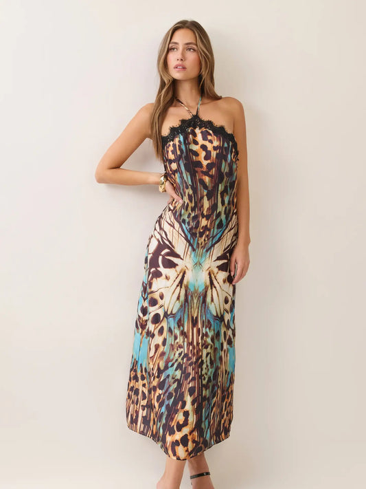 Butterfly Print Lace Trim Halter Maxi Dress