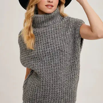 Turtleneck Waffle Knit Vest Sweater-Charcoal