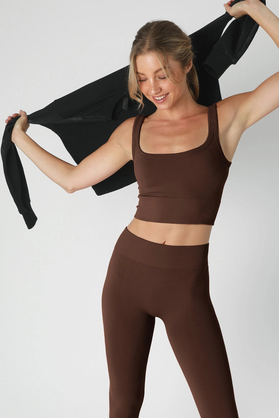 Chevron Ribbed Crop Top -Coffee Bean