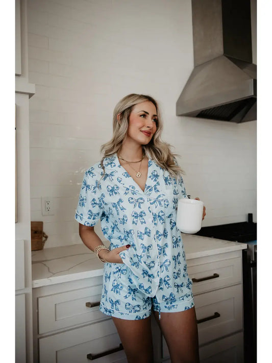 Toile Print Coquette Bows Cute Pajamas- Blue