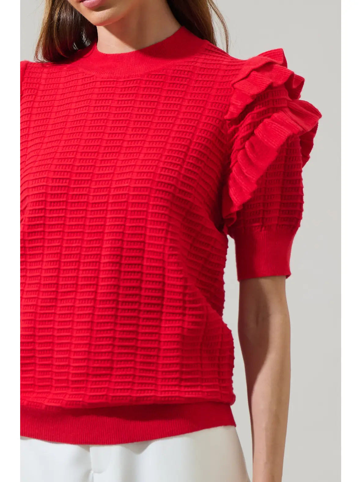 Milena Ruffle Short Sleeve Sweater Top-Red