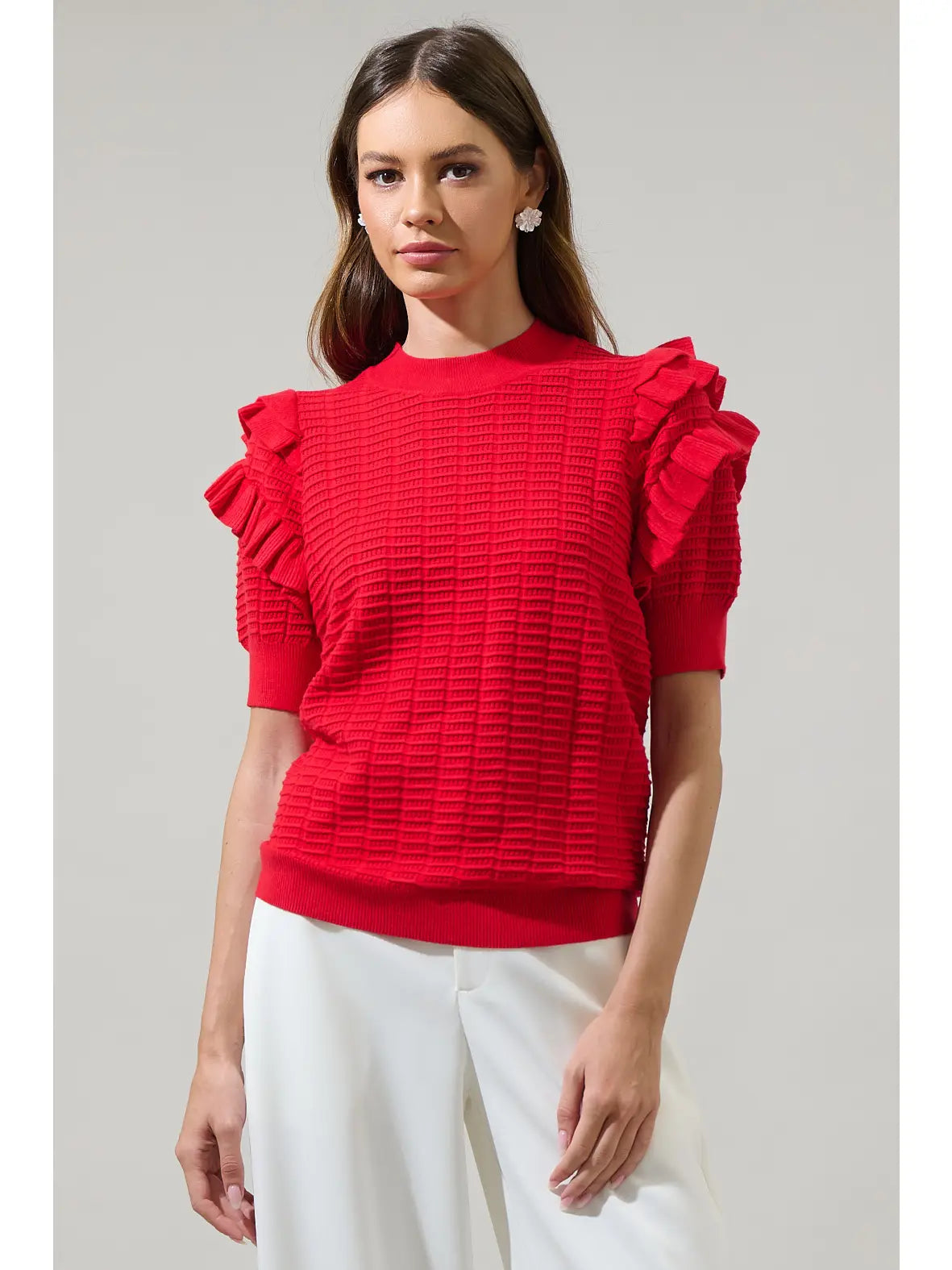 Milena Ruffle Short Sleeve Sweater Top-Red