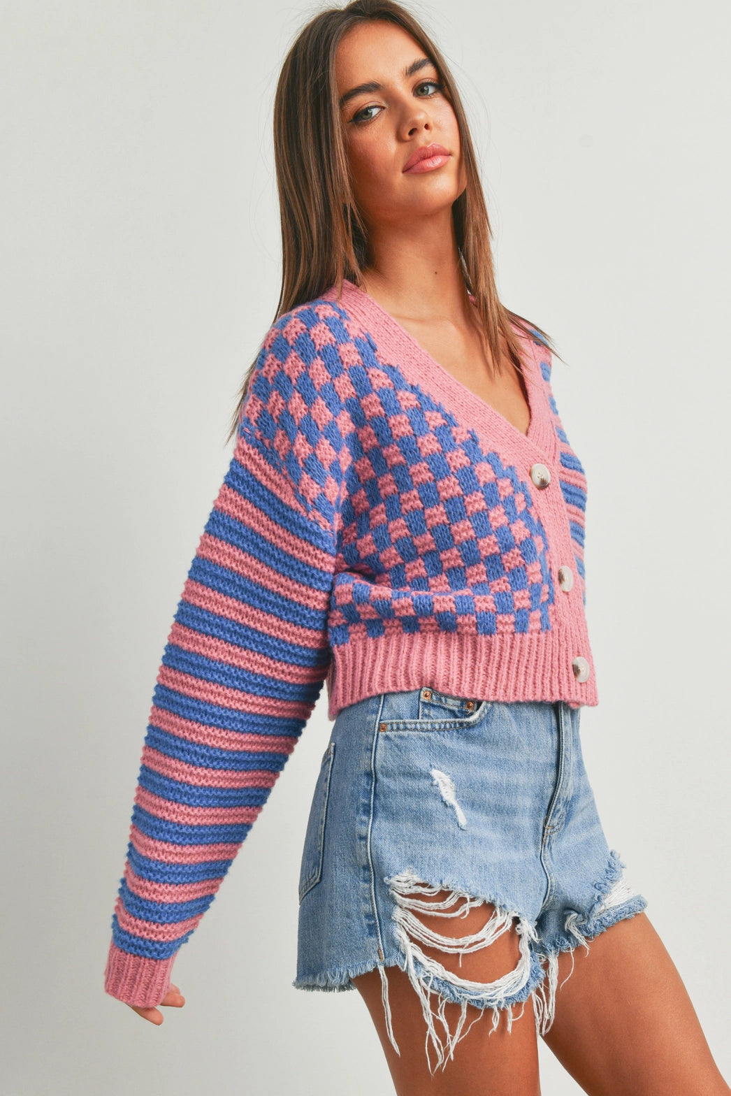 Oversized Button Down Checkered Stripe Cardigan -Mauve/Blue