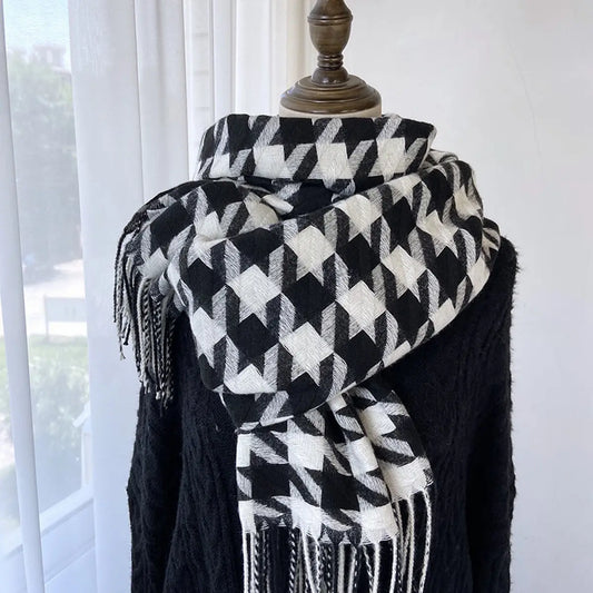 Houndstooth Scarf Tassel Thickened-Black