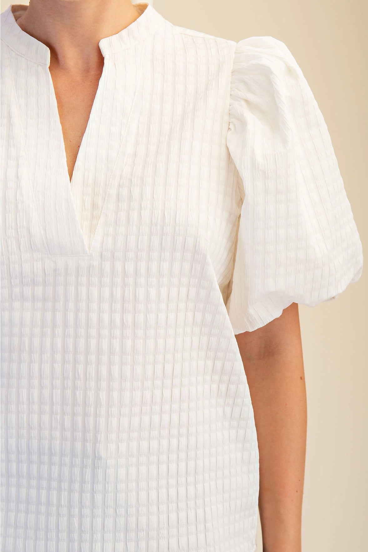 V-Neck Puff-Sleeve Textured Top