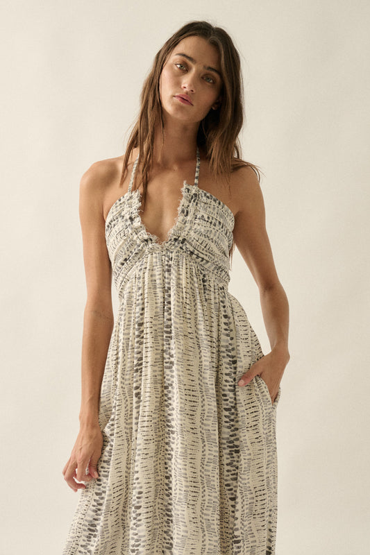 Aurora Abstract Tie-Back Halter Maxi Dress