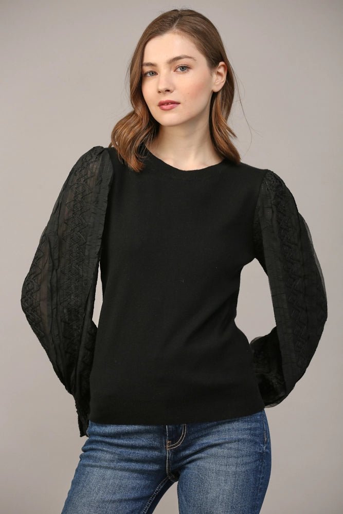 Contrast Woven Slv Crew Neck Sweater-Black