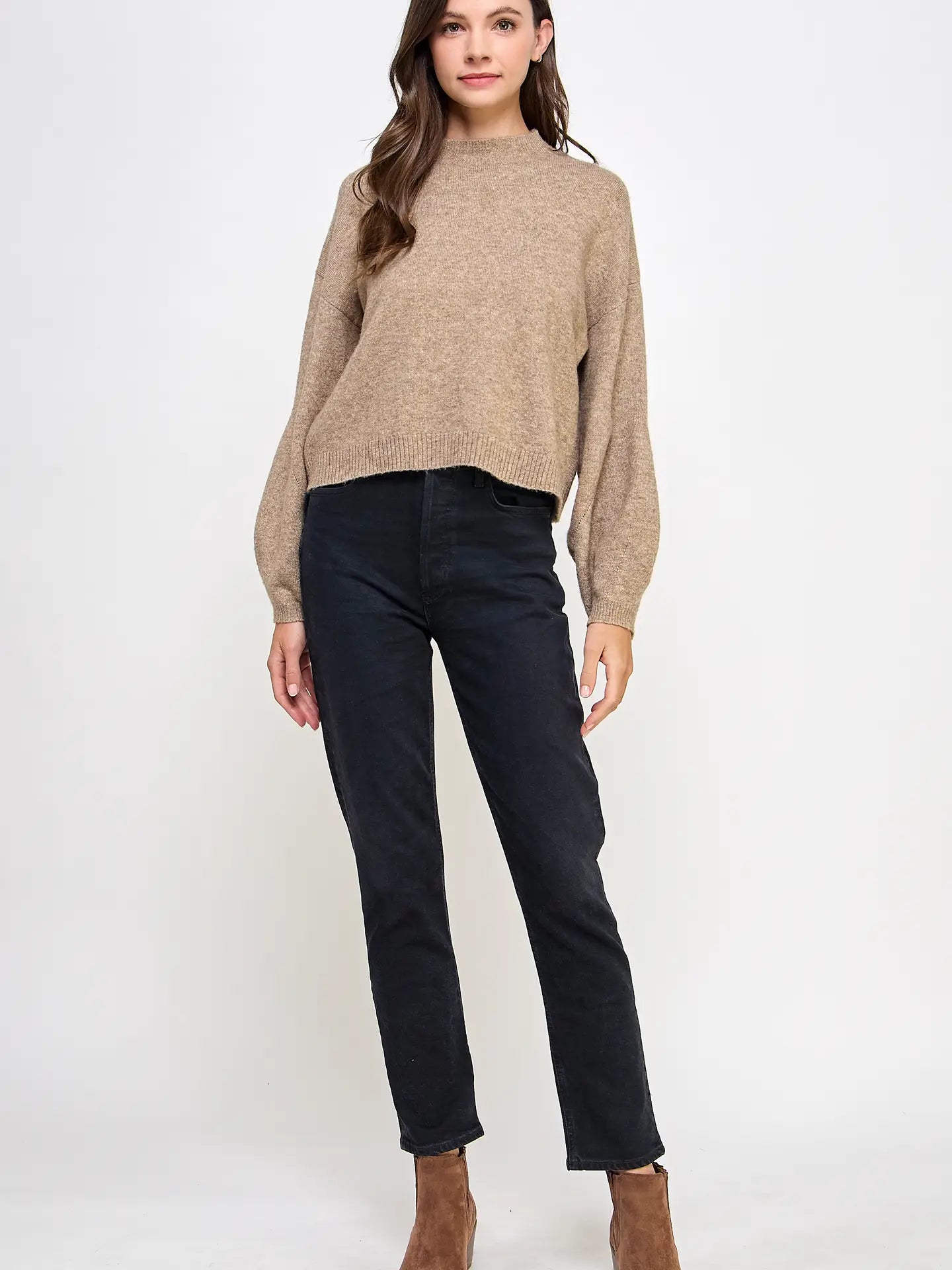 Crew Neck Balloon Sleeve Sweater Mocha