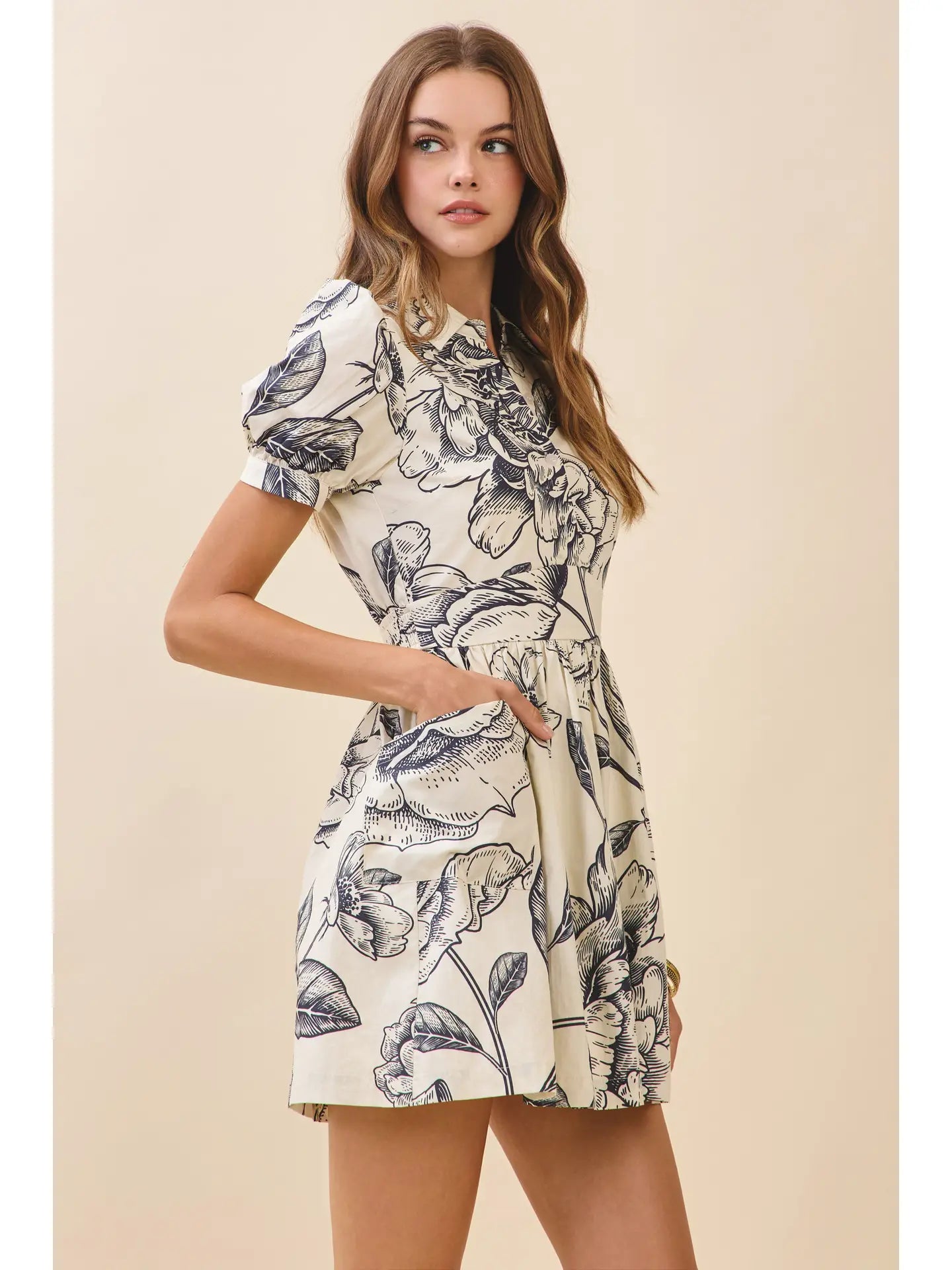 Floral Print Collared Neckline Dress With Pockets