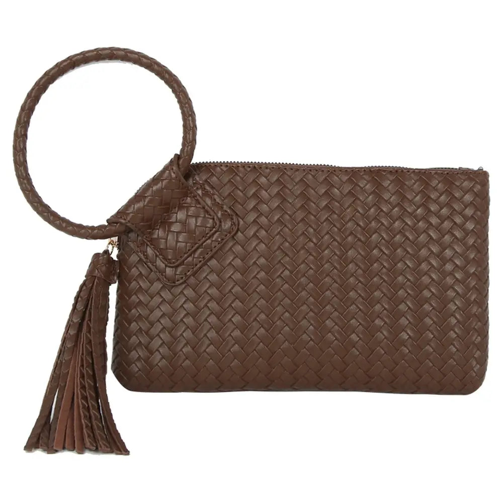 Faux Leather Woven Cuff Clutch Bag - Brown