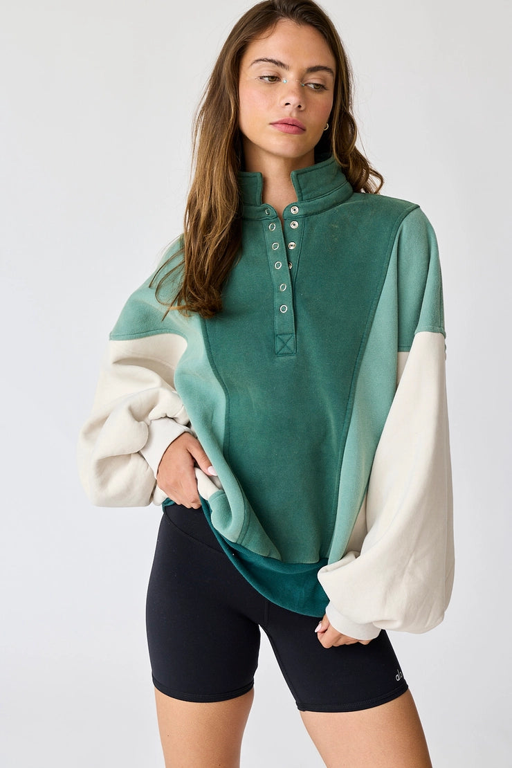 Piper Snap Button Collared Sweater - Color Block Green