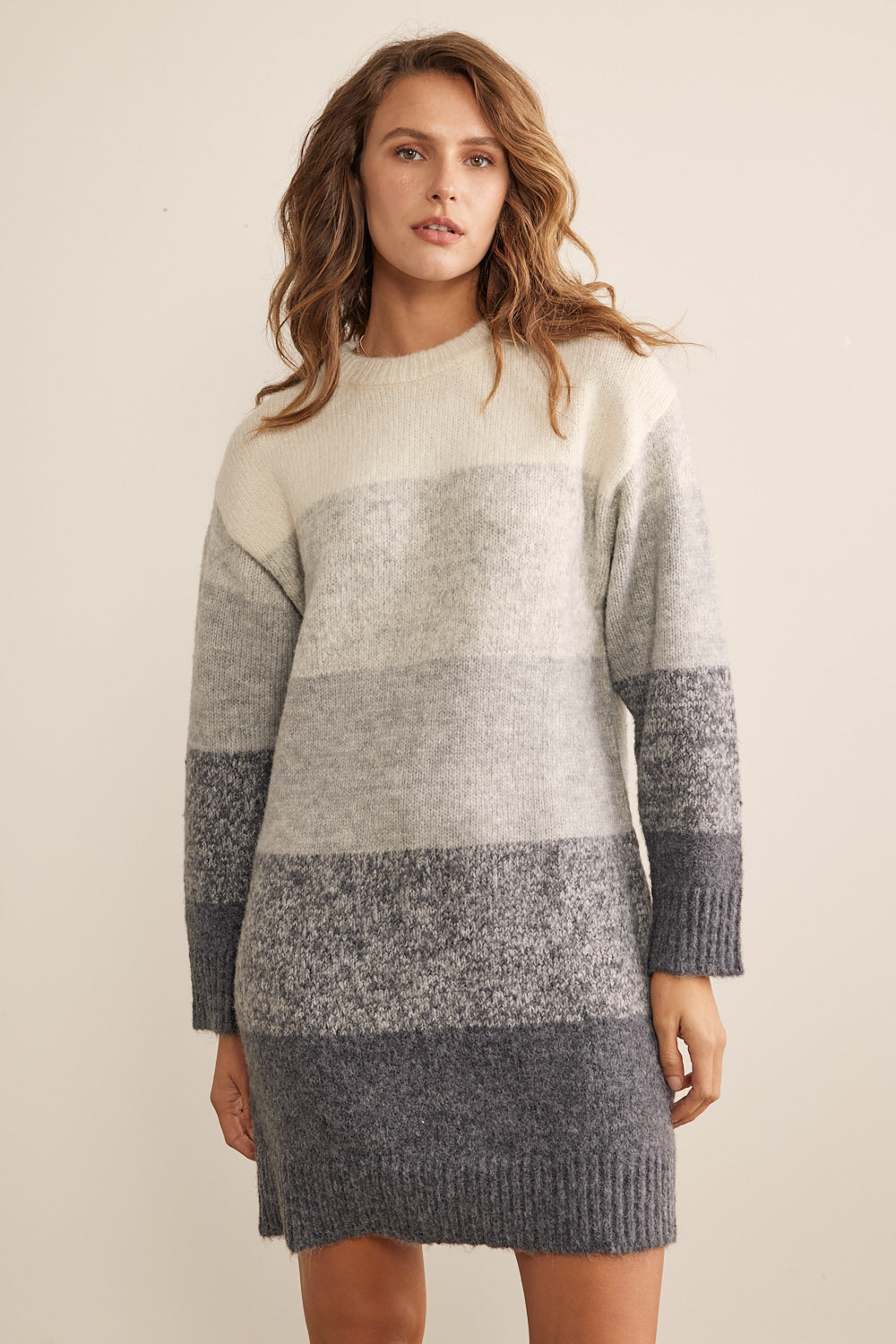 Wool Blend Colorblock Ombre Long Sleeved Sweater Dress