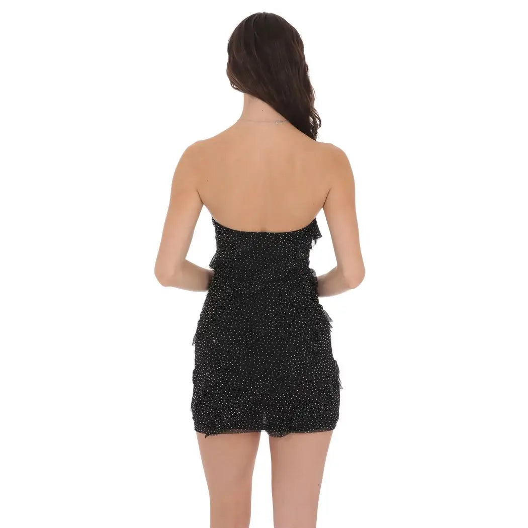 Black Rhinestone Ruffle Dress