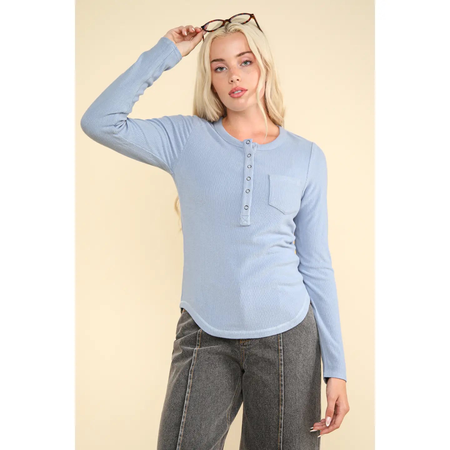 Soft Brushed Solid Knit Casual Top-Sky