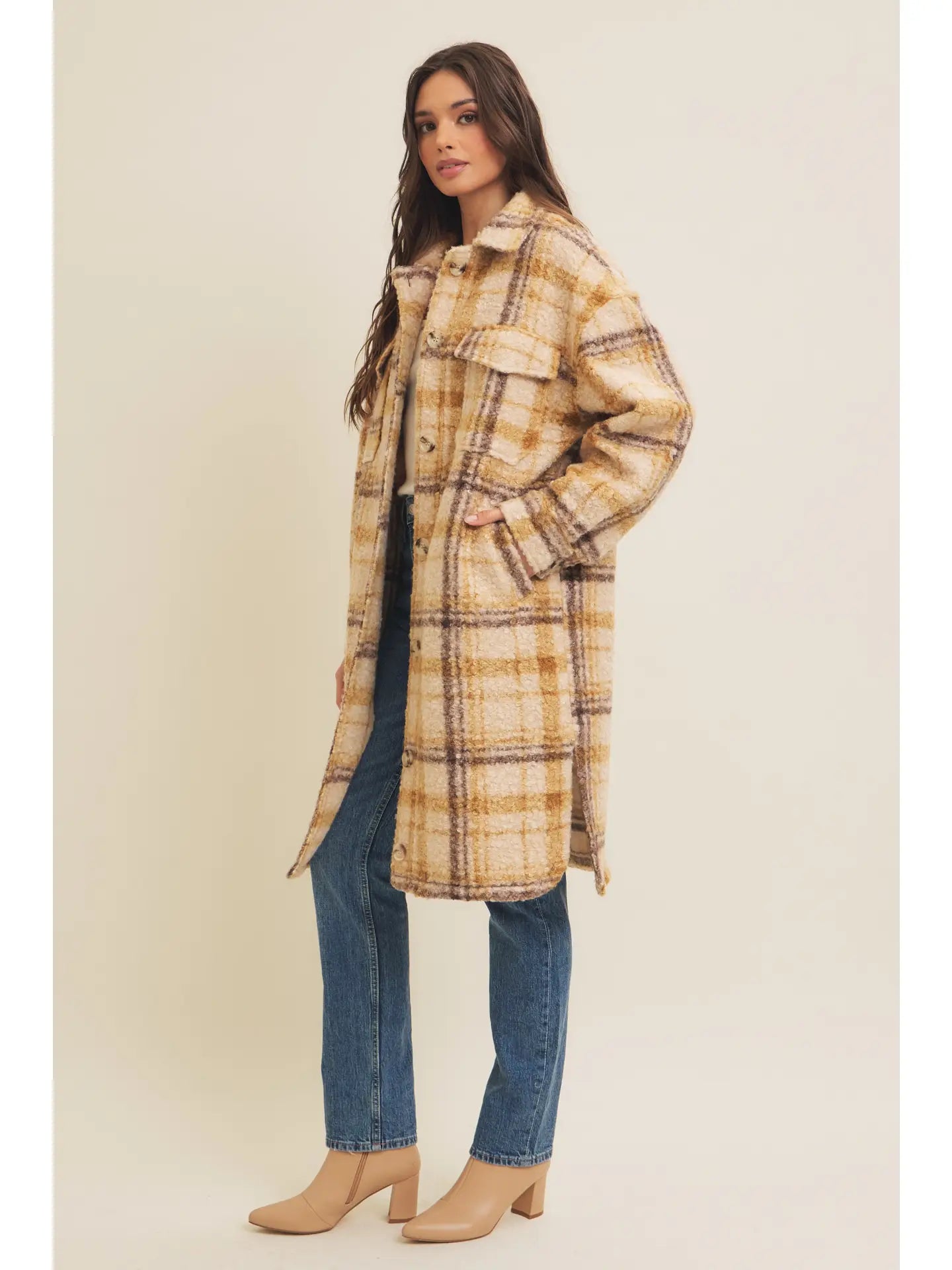 Plaid Boucle Oversized Shacket with Pockets