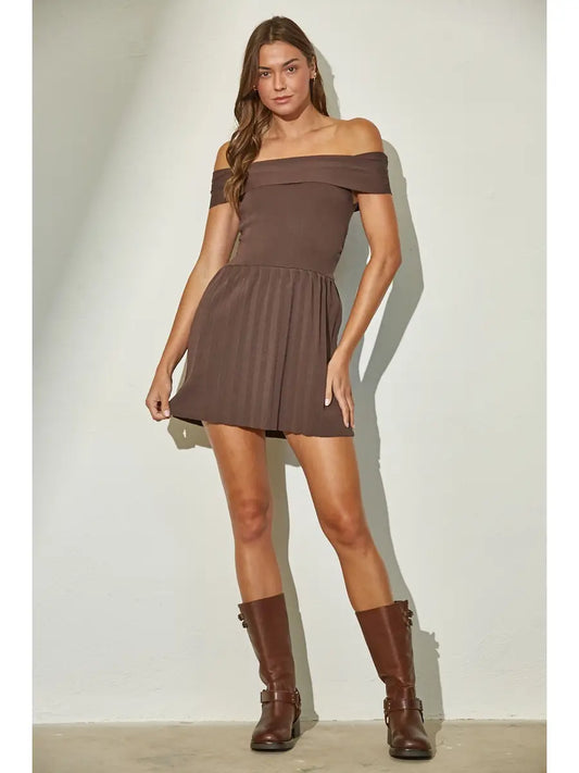 Off Shoulder Ribbed Knit Pleated Mini Dress