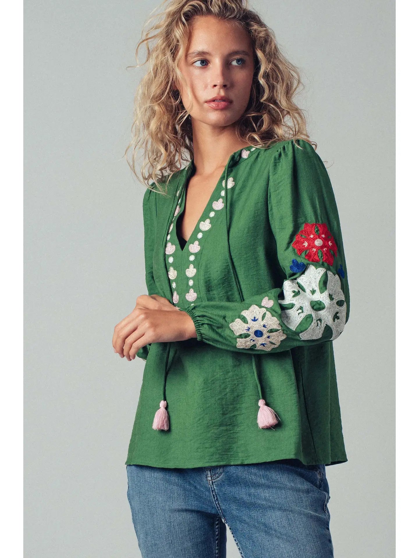 Embroidered Tassel Tie Blouse