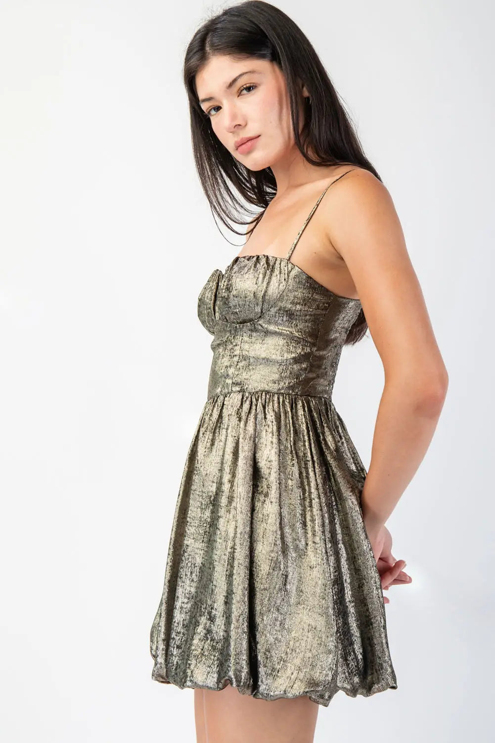 Megan Metallic Satin Bubble Hem Mini Dress
