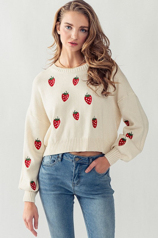 Strawberry Embroidery Rib Knit Sweater