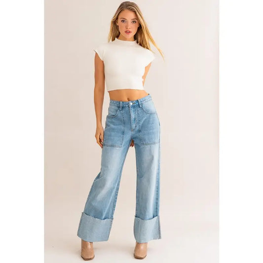 High Waisted Wide Leg Cuffed Jeans