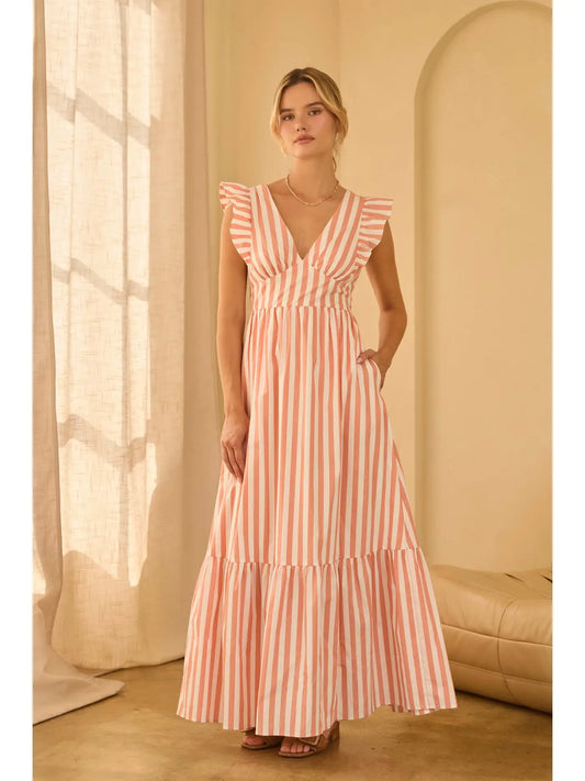 Sleeveless Striped Maxi Dress - Melon