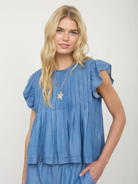 Pintuck Ruffled Sleeve Denim Top