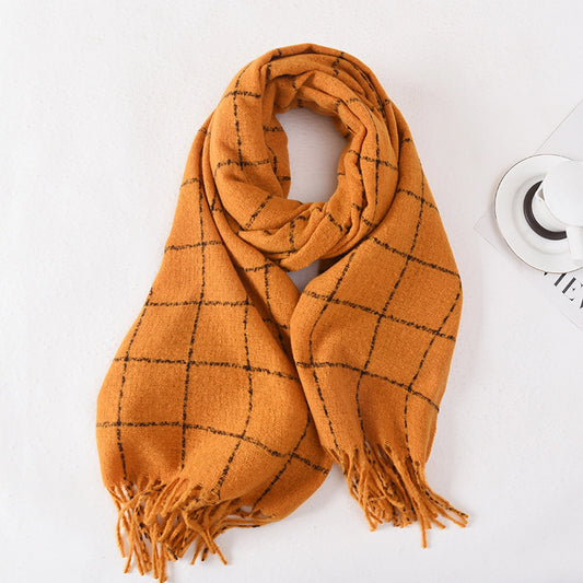 Women Casual Warm Thread Plaid SCARF-Orange