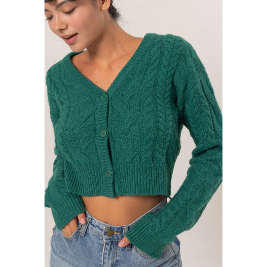 Cable Knit Cropped Cardigan Sweater-Green