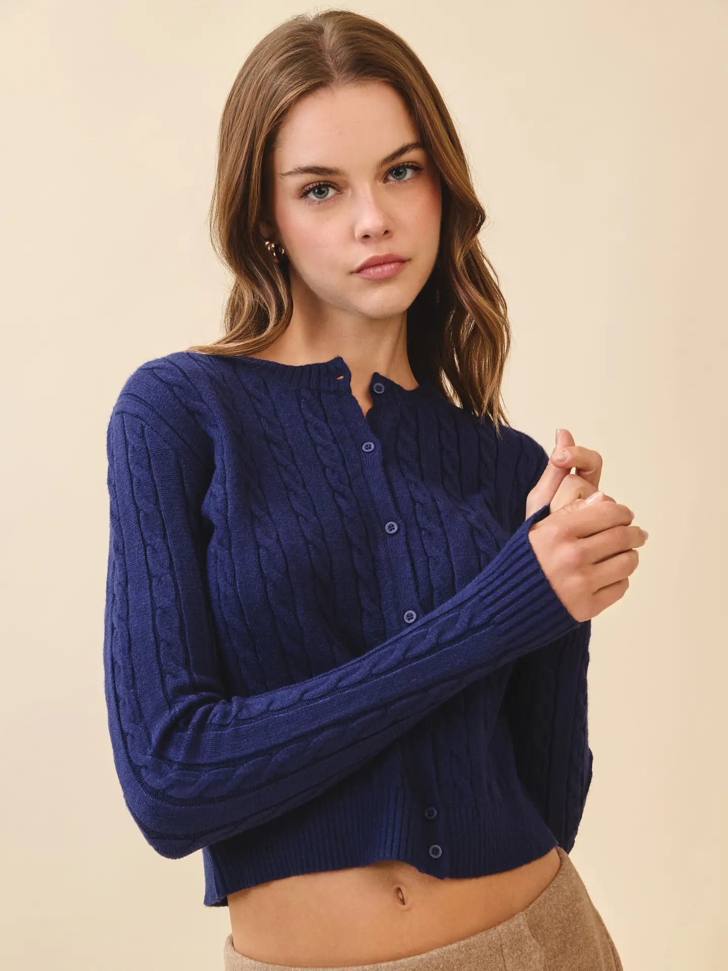 Cable Knit Button Front Cardigan - Navy