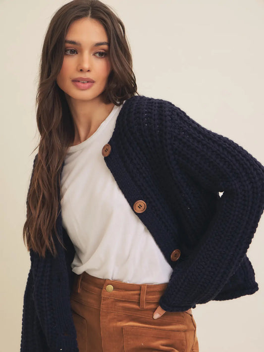 Button-Down Chunky Cardigan with Pockets - Navy