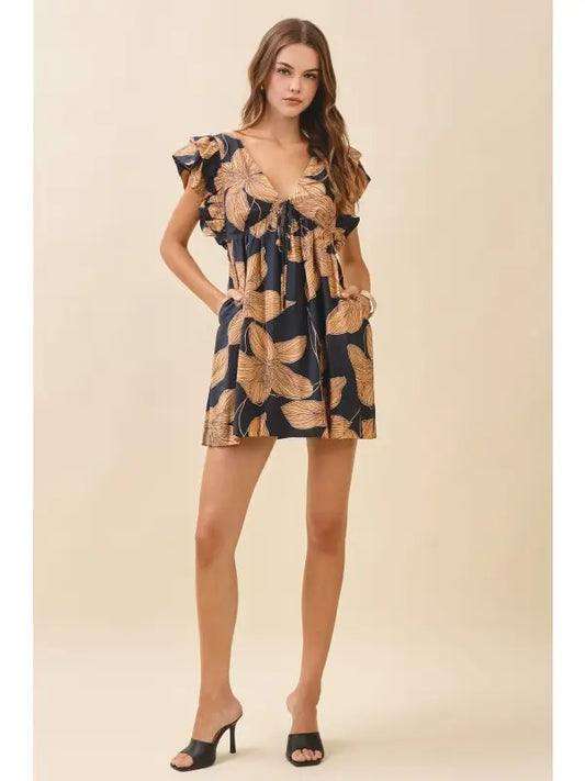 Floral Print Plunging V Neck Empire Waist Dress