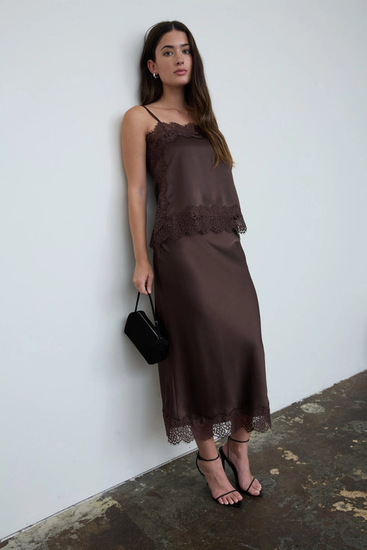 Chocolate Satin Lace Trim Skirt