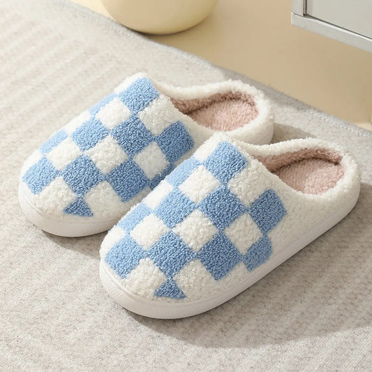 Simple Checkered Warm Cotton SLIPPERS Blue