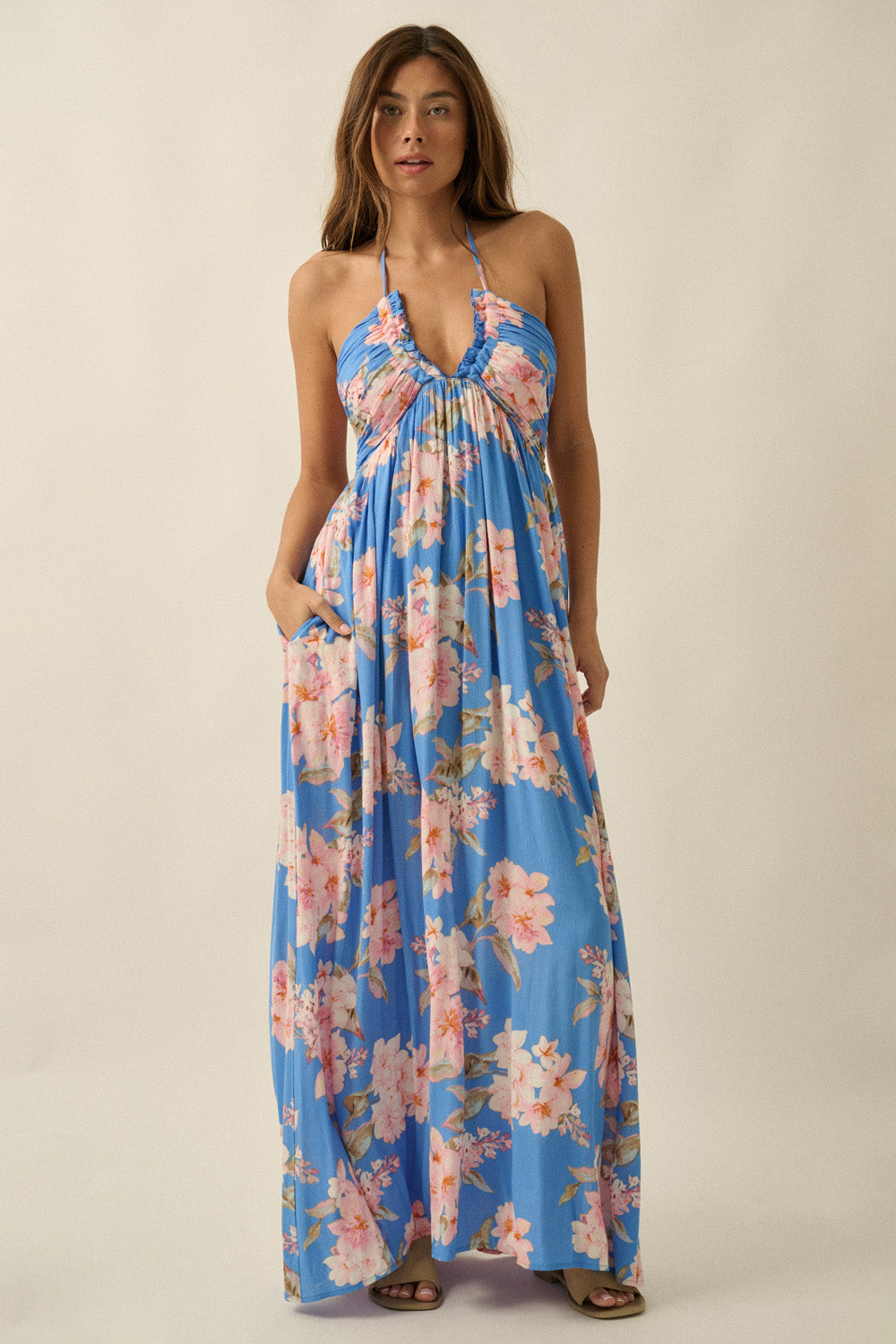 Mia Floral-Print Halter Maxi Dress