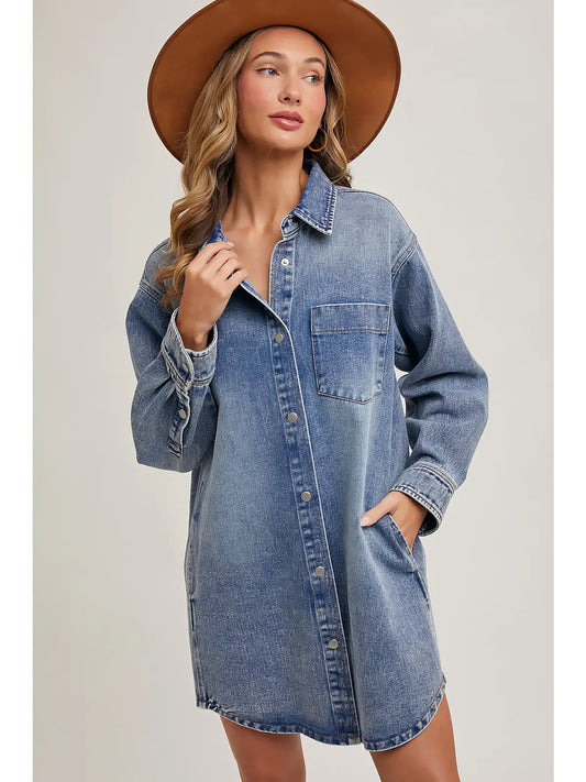 Denim Button Down Shirt Dress with Pockets