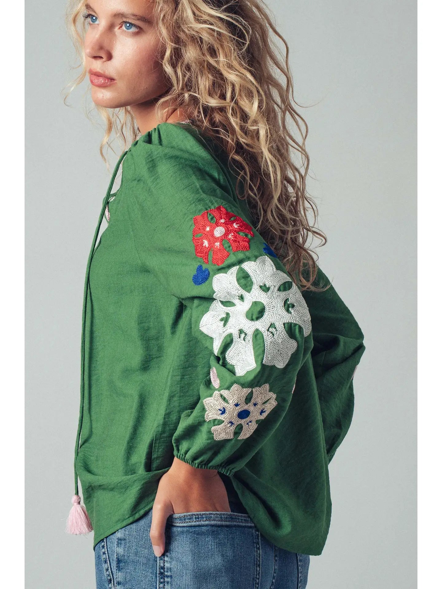 Embroidered Tassel Tie Blouse