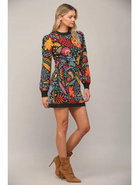 Garden Jacquard Knit Sweater Dress