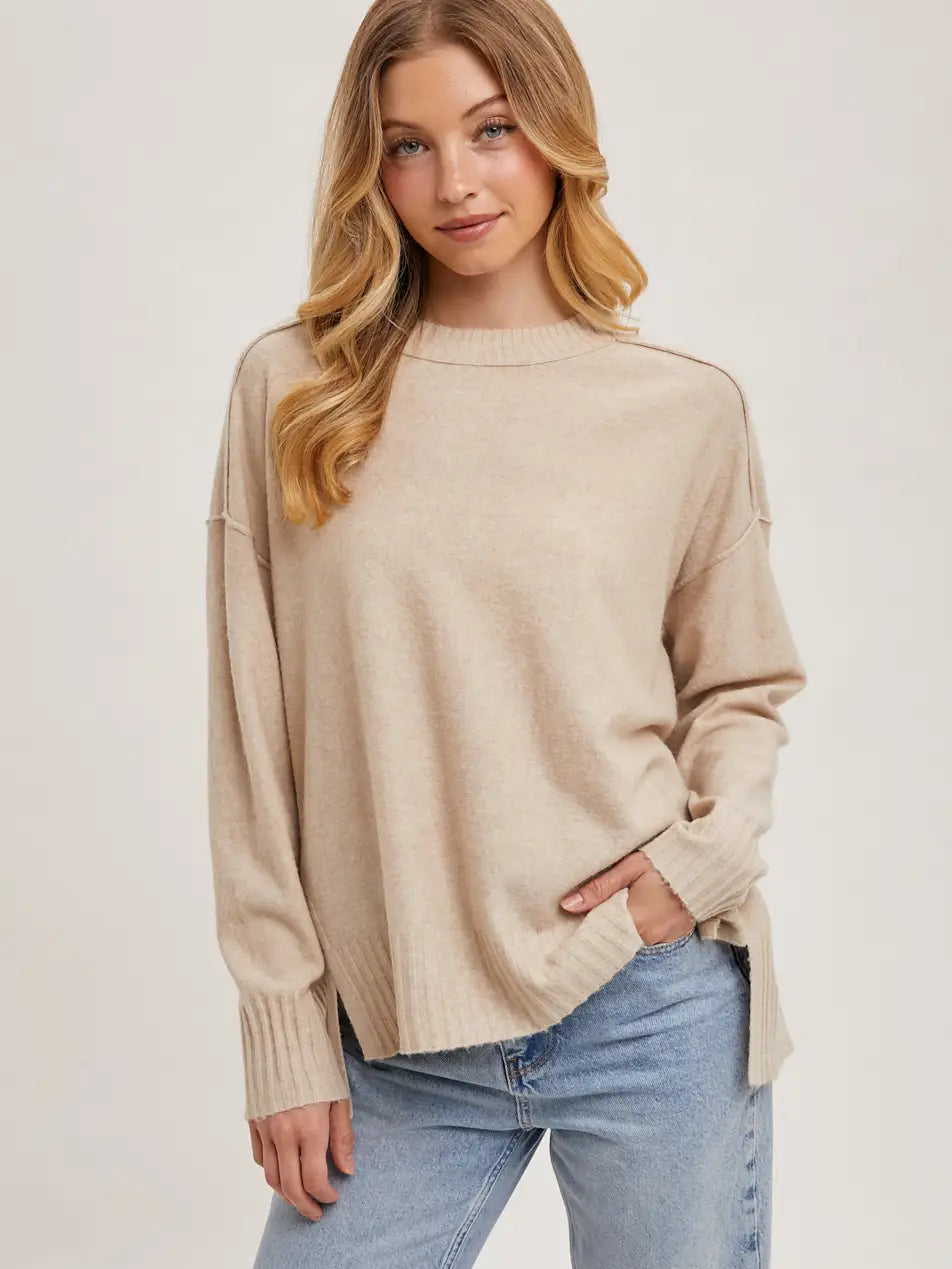 Crew Neck Knit Sweater - Beige