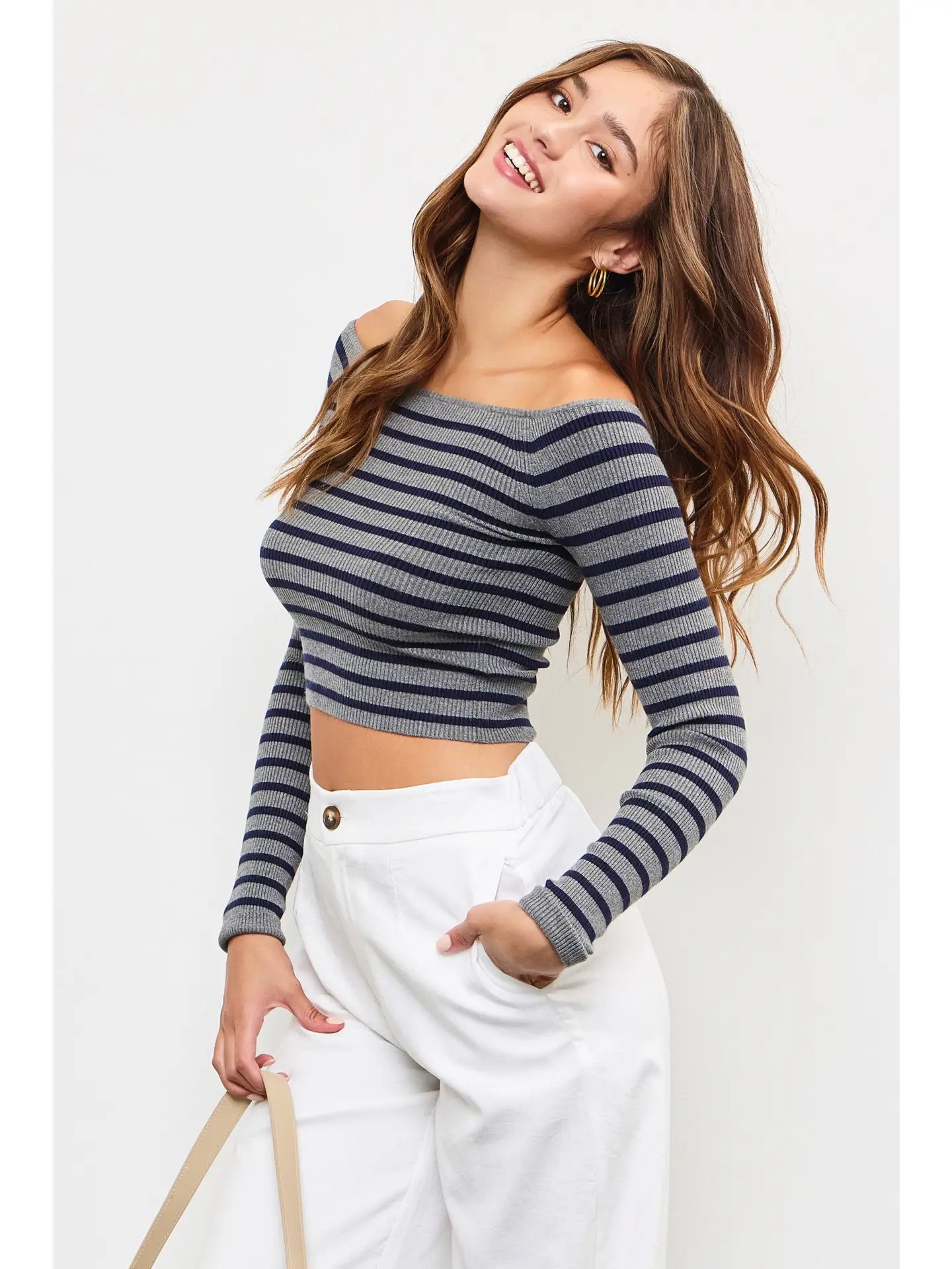 Off Shoulder Knit Top -  Navy