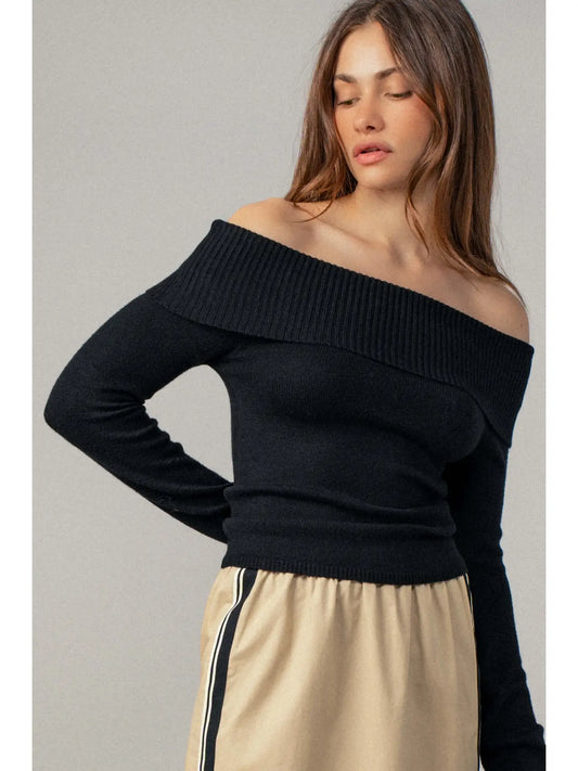 Ribbed Off-Shoulder Sweater - Black