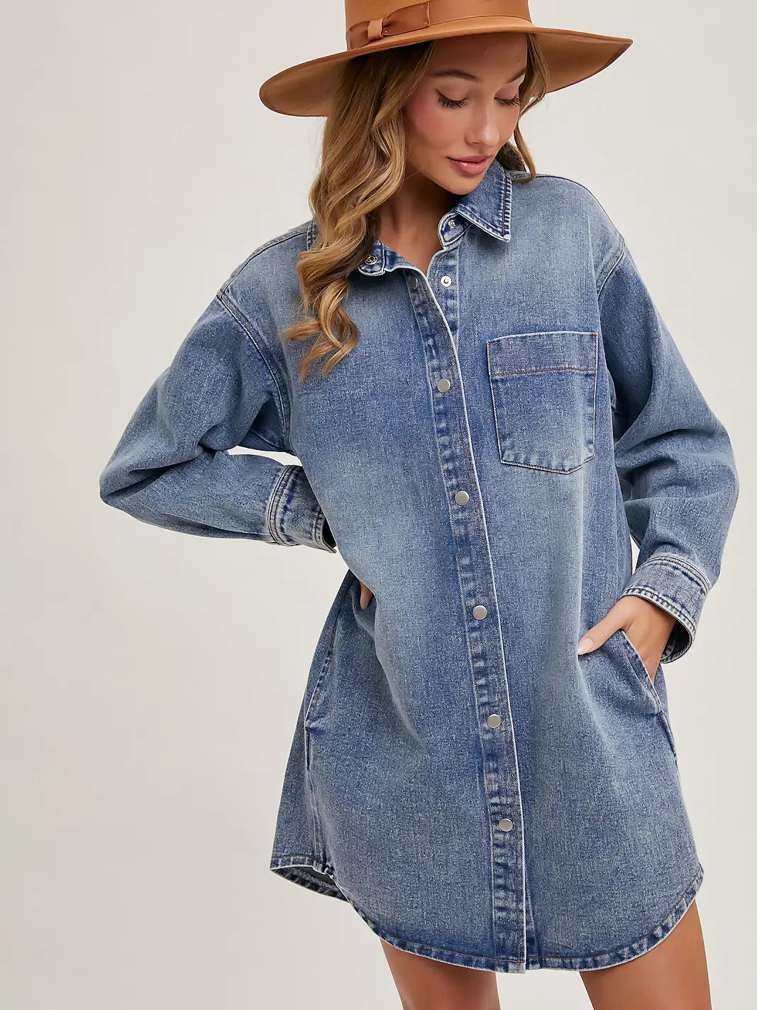 Denim Button Down Shirt Dress with Pockets